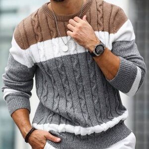 Manfinity Homme Men's Color Blocking Cable Knitted Sweater , Crew Neck